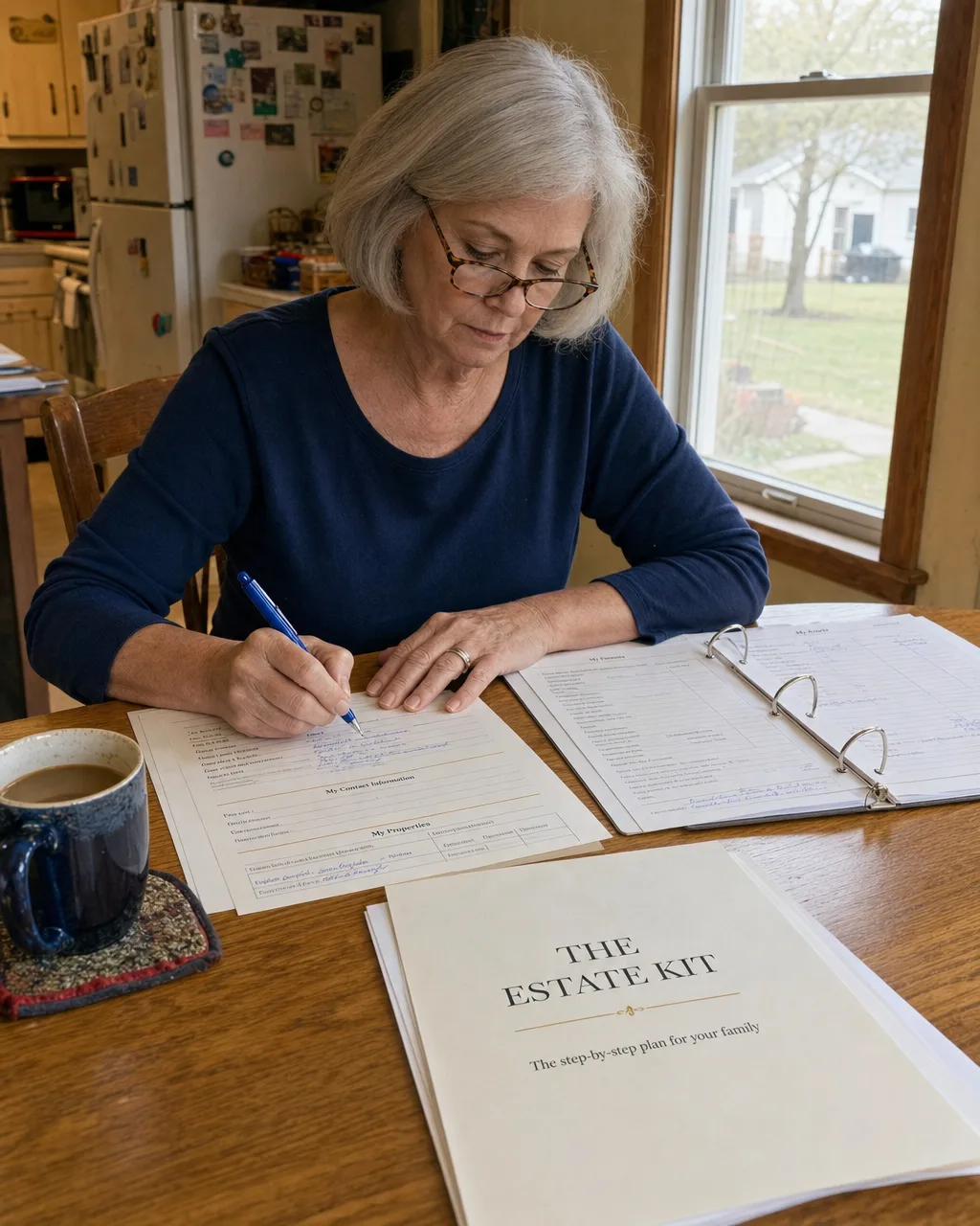 A woman at her kitchen table, filling in The Estate Kit